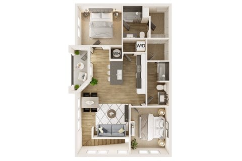 Floor plan for 2 beds, 2 baths, 1035 sqft
